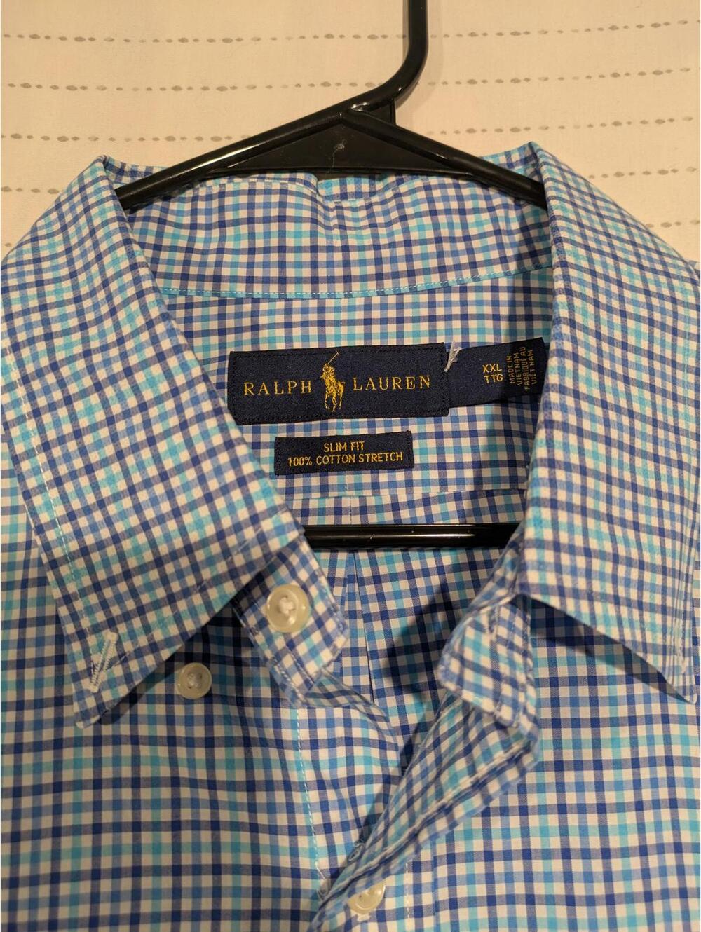 Ralph Lauren Blue Checkered Long Sleeve Shirt Slim Fit 100% Cotton Stretch XXL - Picture 5 of 9